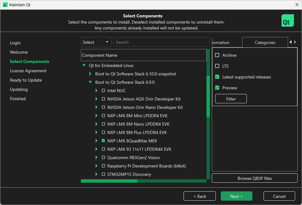 Location of NXP i.MX 8QuadMax MEK in Select Components UI view of Qt Maintenance Tool.