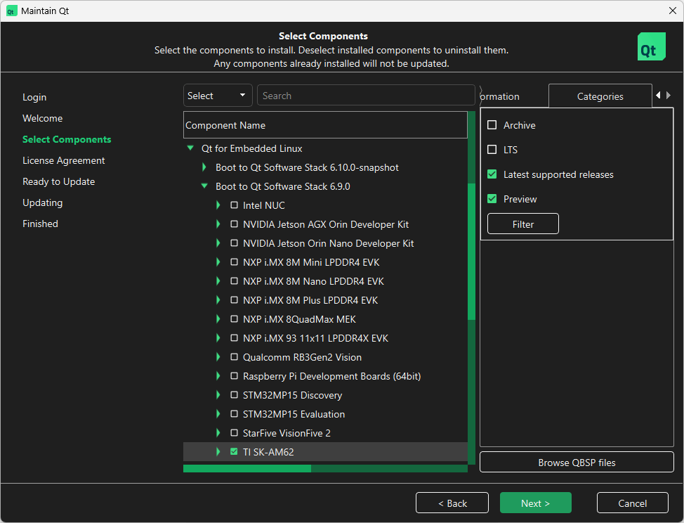 Location of TI SK-AM62x in Select Components UI view of Qt Maintenance Tool.